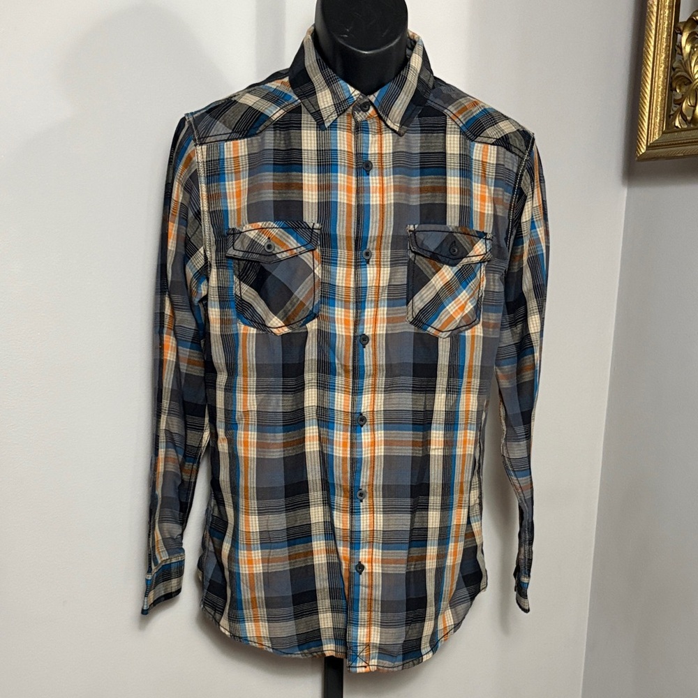 Burnside Medium Button Down Shirt Black Gray Orange Plaid